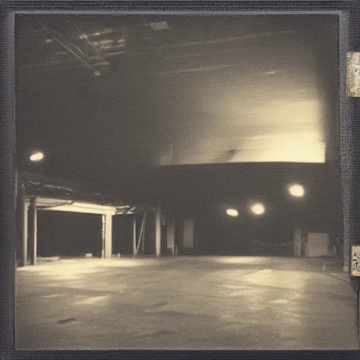 Image similar to liminal polaroid of a warehouse at night, art by dariusz zawadski, deep depth of field. highly detailed, hyper realism, hd, 4 k