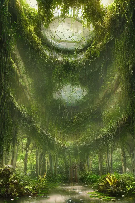 Image similar to A beautiful overgrown office interior flooded with crystal clear water, lily pads, thick and rich vines on the walls, tall ceiling, digital art, trending on Artstation