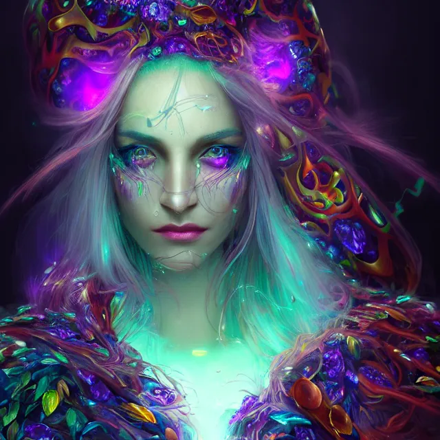 Prompt: detailed portrait of beautiful witch made of colorful plasma, dark fantasy, sharp focus, vibrant, vivid, glowing magical shiny skin, symmetry, highly detailed, 4 k digital painting, detailed skin, iridescence reflecting, crystal particles, magical, raytracing, plasma, artistic, concept art by artgerm, greg rutkowski, alphonse mucha, unreal engine render,