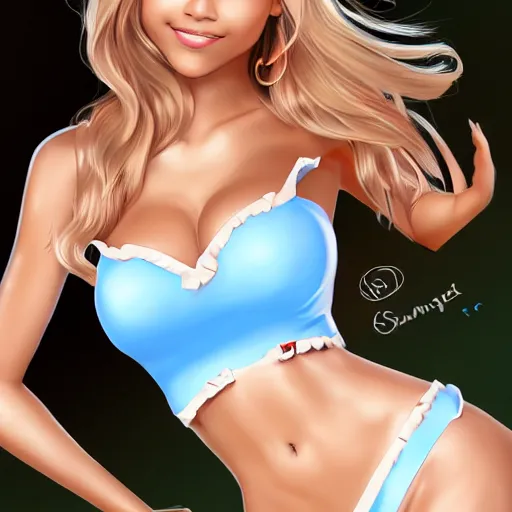 Image similar to a very beautiful obama, full body, long wavy blond hair, sky blue eyes, full round face,, bikini, miniskirt, front shot, highly detailed, cinematic wallpaper by stanley artgerm lau