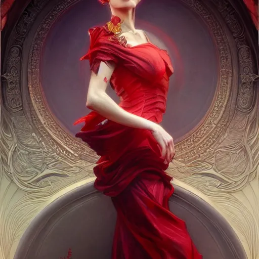 Image similar to portrait of red queen, intricate, elegant, highly detailed, digital painting, artstation, concept art, smooth, sharp focus, illustration, art by artgerm and greg rutkowski and alphonse mucha and william - adolphe bouguereau