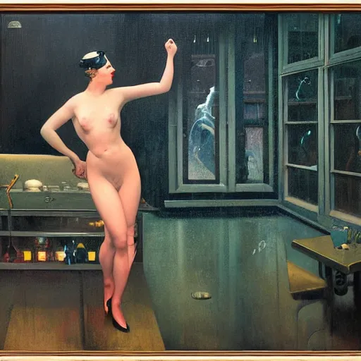 Image similar to oil painting of realistic woman, 1 9 3 0 s decopunk penthouse pleasure factory, rain and smoke, dramatic lighting, tech noir, wet skin, atmospheric, ambient, rupert everton, wlop, george tooker, gil elvgren, grant wood, alexis flower, hopper, mucha, whistler, norman rockwell, peter max, livia prima,