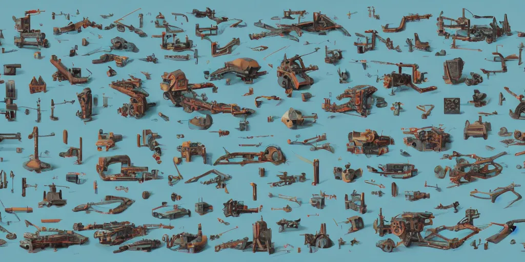 Image similar to collection of exploration of form and shapes, props, hard surface, panel, simon stalenhag, kitbash, items, gadget, big medium small, close up, vehicles, futuristic, parts, machinery, greebles, insanely detailed, case, hardware, golden ratio, wes anderson color scheme, in watercolor gouache detailed paintings
