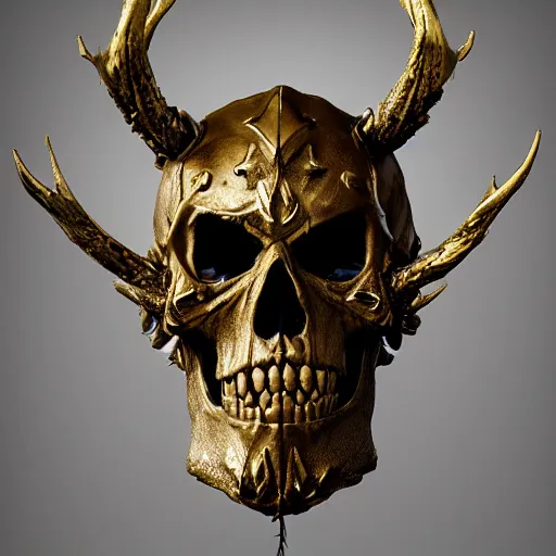 Prompt: an ominous dark ancient golden Lich king skull mask. hyper-detailed. Gothic steampunk. low poly medieval baroque. symmetric. epic. hyper-realistic. hyperrealistic. octane render intricate crown of antlers, horns made of porcelain, in style by Craig Mullins, hyper detailed, Zdzisław Beksiński, sinister, horror, 1900's photograph, polaroid, trending on artstation, bio-punk