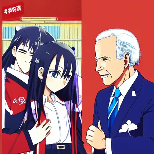 Image similar to key anime visual of joe biden and Saiki Kusuo; official media