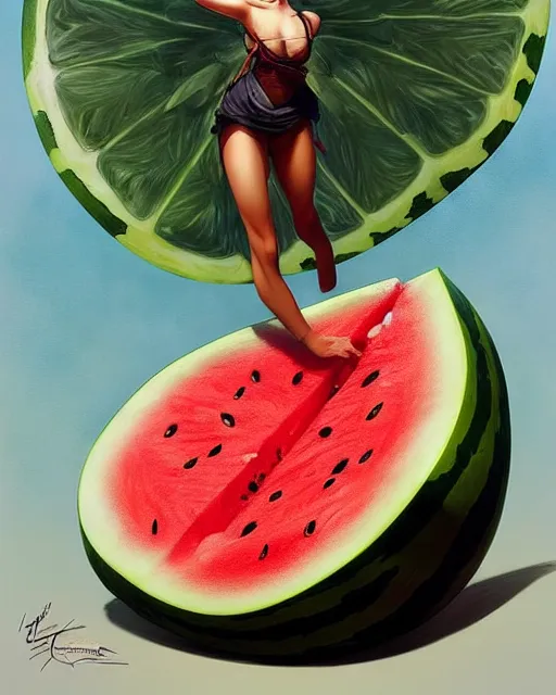 Image similar to an giant watermelon with small wings, cute pose, highly detailed, digital painting, artstation, concept art, smooth, sharp focus, illustration, art by artgerm and greg rutkowski and alphonse mucha