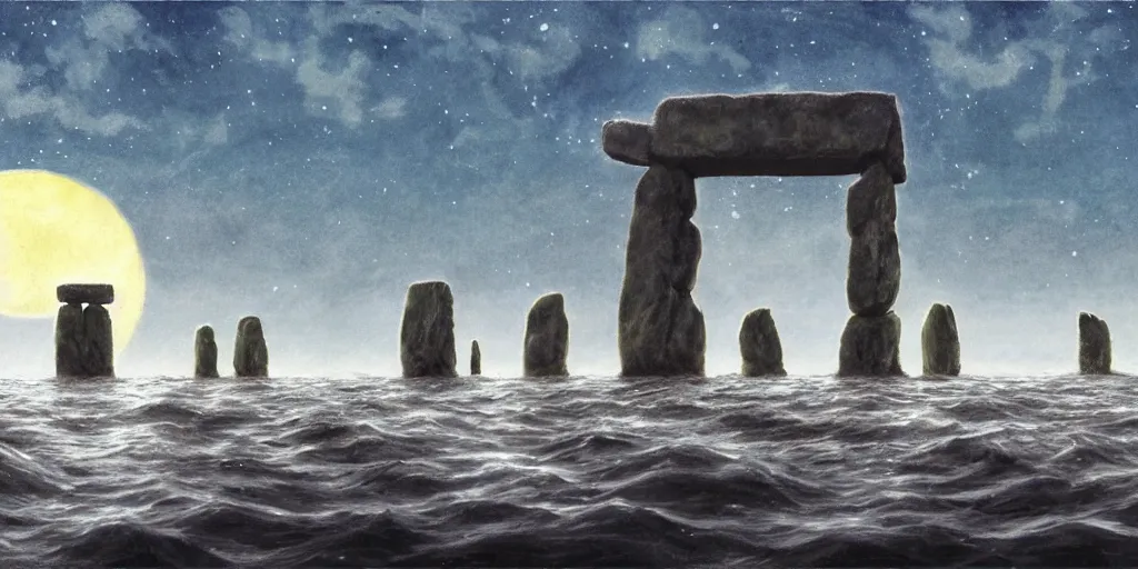 Prompt: a realistic cell - shaded studio ghibli concept art from paprika ( 2 0 0 6 ) of a giant wooly mammoth in a flooded stonehenge easter island on a misty starry night. very dull colors, wide shot, hd, 4 k, hq