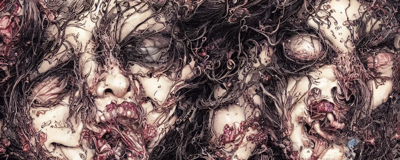 Image similar to closeup of face melting and tongues, by yoichi hatakenaka, masamune shirow, josan gonzales and dan mumford, ayami kojima, takato yamamoto, karol bak