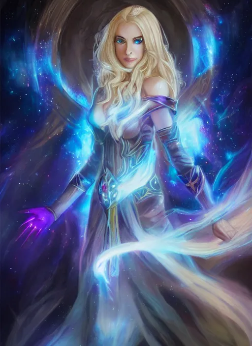 Image similar to blonde female high elf with blue glowing eyes in a multicolored robe, floatiung in front of a nebula, D&D, fantasy, intricate, cinematic lighting, highly detailed, digital painting, Artstation, concept art, smooth, sharp focus, art by Artgerm and Greg Rutkowski, SFW Version