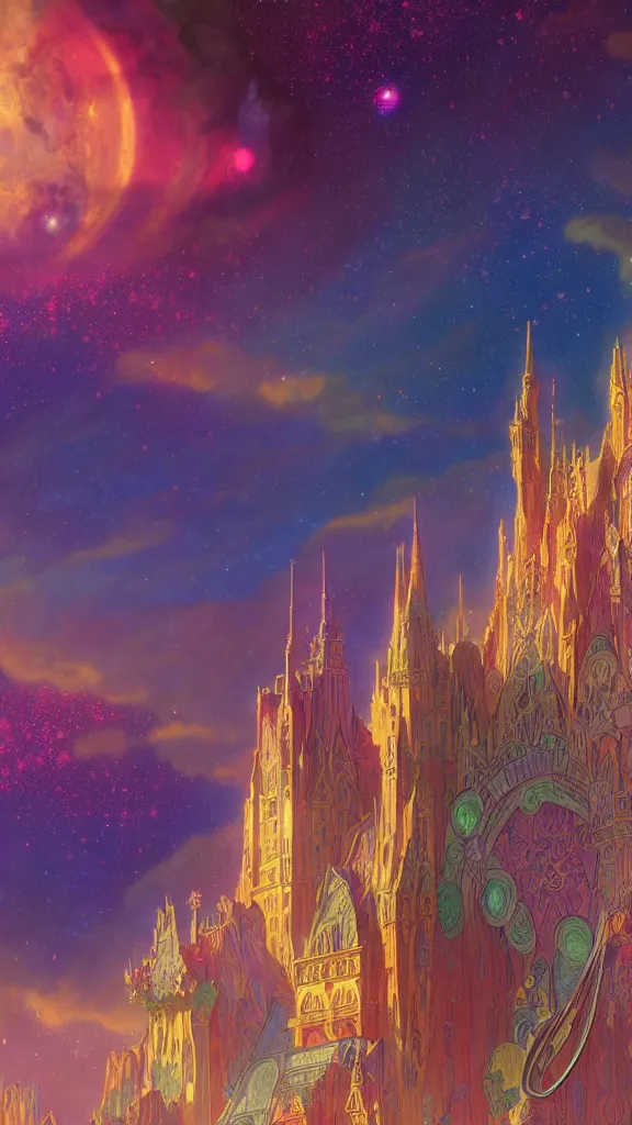 Image similar to a beautiful highly detailed matte painting of colorful castle nebulas by moebius, alphonse mucha, stars in the background, highly detailed, intricate design, cinematic view, 8 k resolution, octane render, trending on artstation and cgsociety