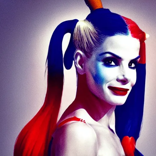 Prompt: Sandra bullock as harley quinn, 8k, high definition, highly detailed, photo-realistic