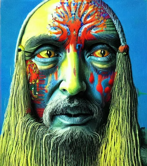 Image similar to Portrait painting in a style of Beksinski mixed with Alex Grey of an old shaman dressed in a colorful traditional clothes. psychodelic