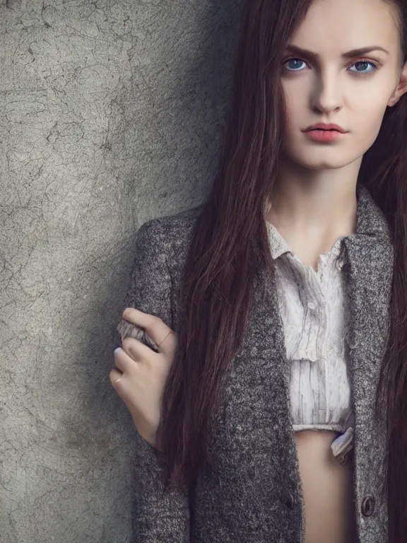 Image similar to hyperdetailed photo of a beautiful ukrainian girl, brown eyes, dark hair, winds of winter, with ripped t - shirt, wool suit