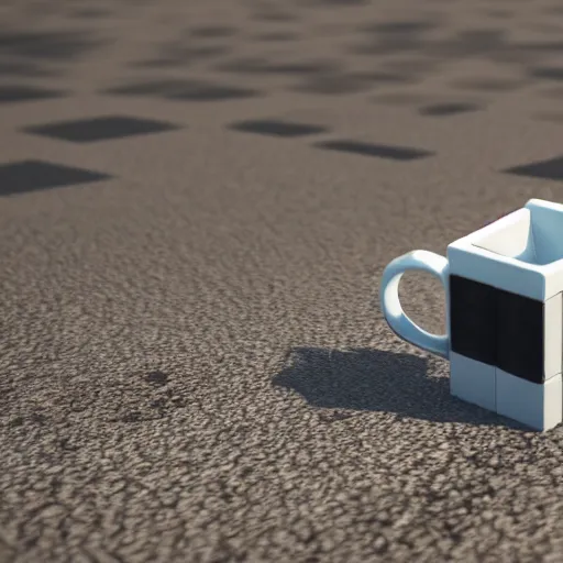 Image similar to a realistic photo of a mug being smashed on the ground and breaking into multiple voxel cubes. photo realistic.