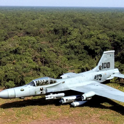 Image similar to a-10 warthog, bombs, explosions, dense jungle, Ariel shot