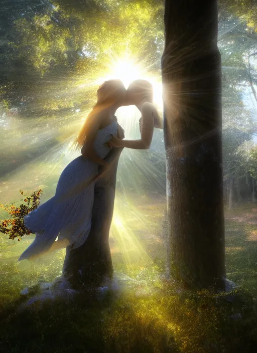 Image similar to a beautiful detailed photo of a girl kissing another girl with god rays shining through trees on a post - apocolyptic world, realistic, f 8, 4 k hd wallpaper