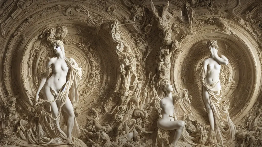 Image similar to an epic sculpture made of marble and ivory, the portal of infinite sadness, by gustave dore, by emil melmoth, by alphonse mucha, hell, sculpture standing on in a large studio space, monumental, epic, rococo, generative, detailed, intricate, volumetric lighting, realistic, octane render, in frame, 2 0 % pearlescent detailing