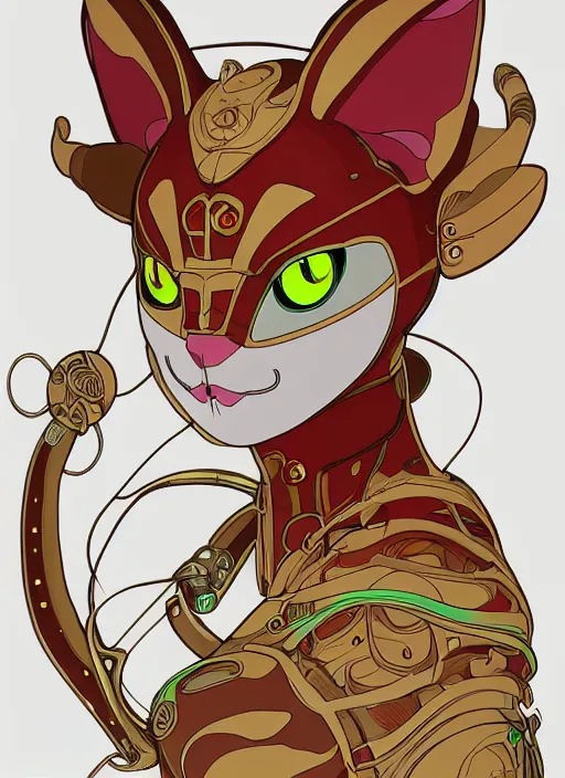 Image similar to cyber cat character design on white background, drawn by studio ghibli, alphonso mucha, lolish, trending on artstation colours red and gold