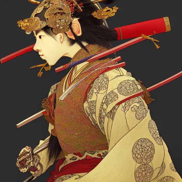 Prompt: anthropomorphic samurai bear, fantasy, intricate, highly detailed, lifelike, photorealistic, digital painting, artstation, illustration, concept art, smooth, sharp focus, art by alphonse mucha and kitagawa utamaro and ogata korin and aya takano