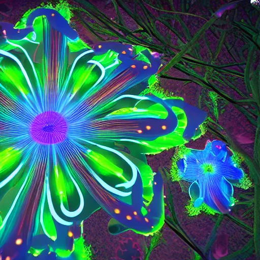 Image similar to bioluiniscent flower blooming at twilight, glow, wide-angle lens, astral, beautiful, intricate, noctilucent, landscape, glowing neon, unreal engine