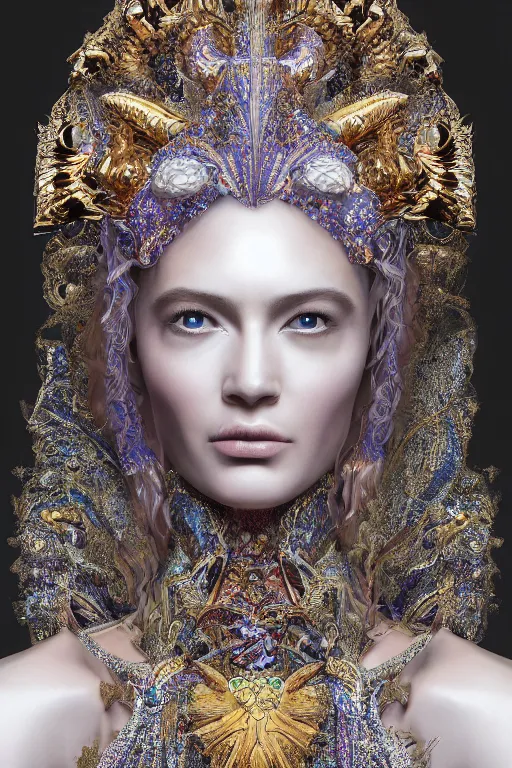 Image similar to hyper-realistic ultra-detailed maximalist and dramatic elegant luxury beautiful young empress portrait by igor goryunov and patricio clarey inspired by andrei riabovitchev and heidi taillefer Rendered by binx.ly 8k. Generative art. Fantastic realism. Scifi feel. Extremely Ornated. Intricate and omnious. Tools used: Blender Cinema4d Houdini3d zbrush. Unreal engine 5 Cinematic. Beautifully lit. No background. artstation. Deviantart. CGsociety.