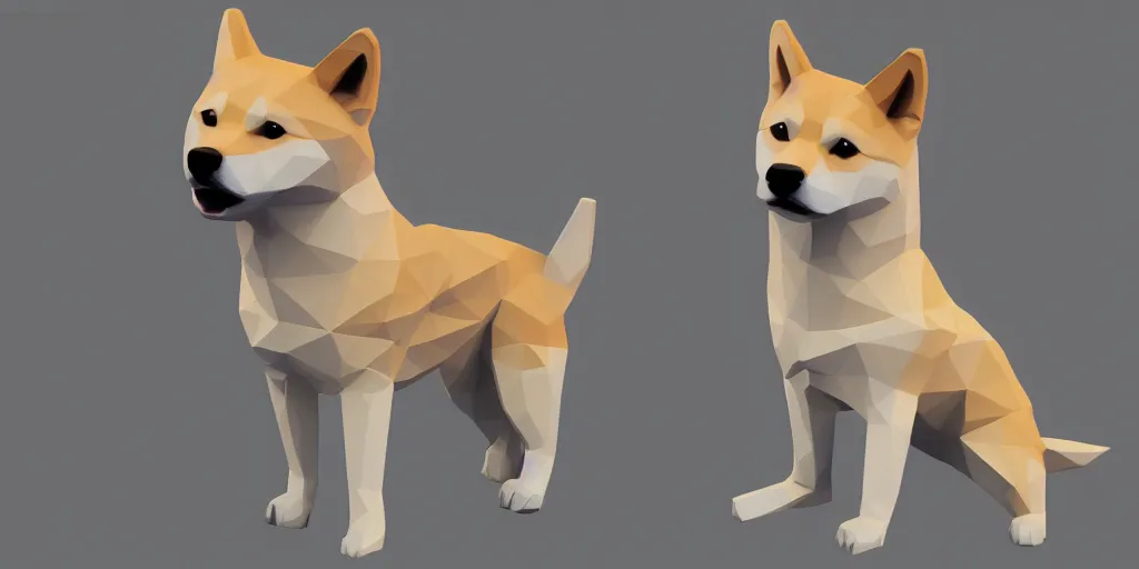 Image similar to concept art of low polygon 3 d render of shiba inu, doge meme