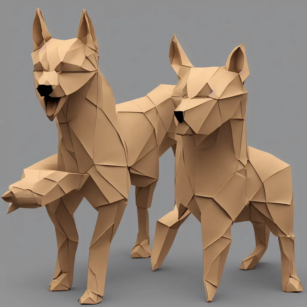 Prompt: 3 d rendering of japanese cardboard origami of simplified shape of german shepherd, 2 d image, trending on artstation