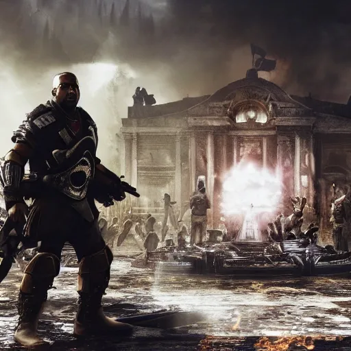 Image similar to kanye west as the pope pope in gears of war battlefield 5, splash art, movie still, cinematic lighting, dramatic, octane render, long lens, shallow depth of field, bokeh, anamorphic lens flare, 8 k, hyper detailed, 3 5 mm film grain