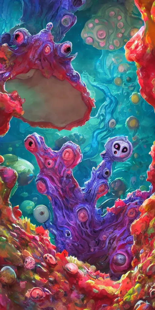 Image similar to of a colorful deep sea cave with strange cute friendly happy creatures with huge eyes, mouth, long tongue and round teeth appearing from sandy coral, in the style of gehry and gaudi, macro lens, shallow depth of field, ultra detailed, digital painting, trending artstation, concept art, illustration, cinematic lighting, photorealism, epic, octane render