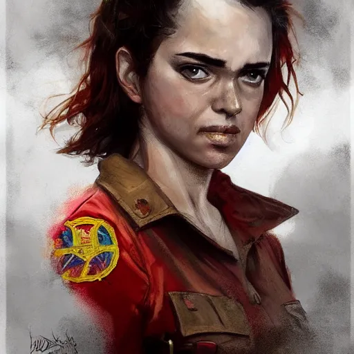 Image similar to portrait of a spanish communist lina odena garcia, epic, tragic, military art, fantasy, hd shot, digital portrait, beautiful, artstation, comic style, by artgerm, guy denning, jakub rozalski, magali villeneuve and charlie bowater