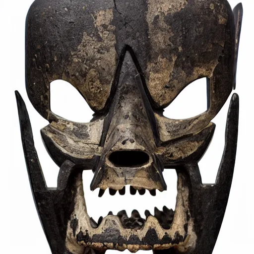 Prompt: symmetrical product photograph of a highly detailed ominous samurai mask made from fragmented bone and obsidian, angry