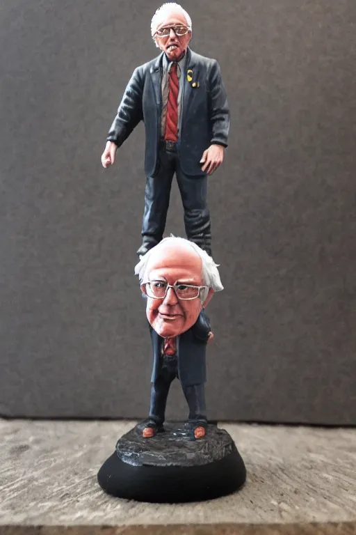 Prompt: a resin miniature of Bernie Sanders in Warhammer, miniature product photo, full body, on textured disc base, 4K, HD