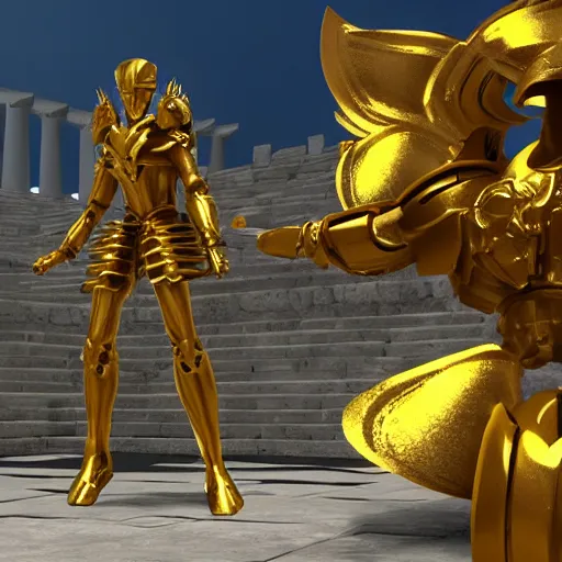 Prompt: unreal engine render Saint Seiya, The Golden spider Armor knight, greek temple background