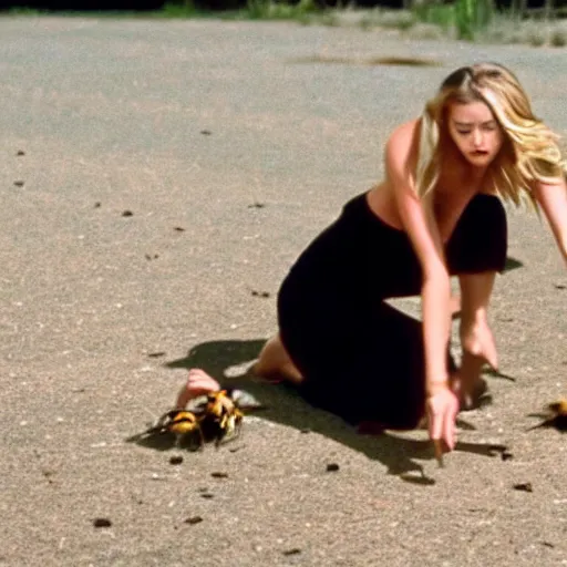 Prompt: ' amber heard'stepping on a bee, cinematic scene, 8 mm