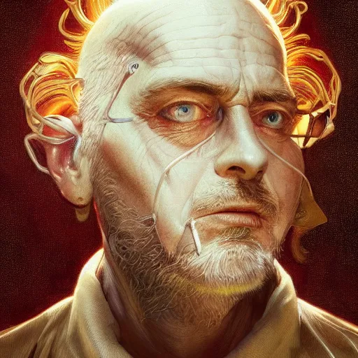 Image similar to portrait of a mad scientist god, advanced technology, futuristic, science fiction, intricate, headshot, highly detailed, digital painting, artstation, concept art, sharp focus, cinematic lighting, illustration, art by artgerm and greg rutkowski, alphonse mucha, cgsociety