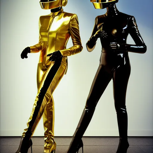 Image similar to daft punk inspired, avant-garde art, deco fashion, high heels, strong makeup, highly detailed, photorealistic portrait, serene london setting, golden hour, crisp quality and light reflections, unreal engine 5 quality render