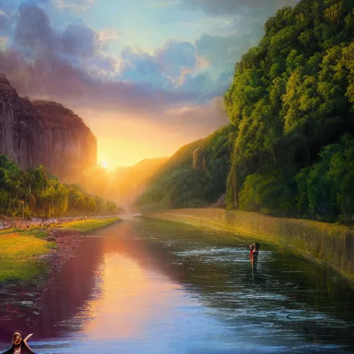 Image similar to Photo the beautiful woman Gal Gadot, she is posing, she is walking on a river, she is getting ulluminated by the rays of the sunset, the photo was taking by Steve McCurry, matte painting, oil painting, naturalism, 4k, 8k