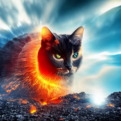 Prompt: Aesthetic cat with liquid metal fur, Background, volcanic landscape, volcanic eruptions , Panorama, Ultra-HD, Candoluminescence, Shimmering, Anodized Titanium