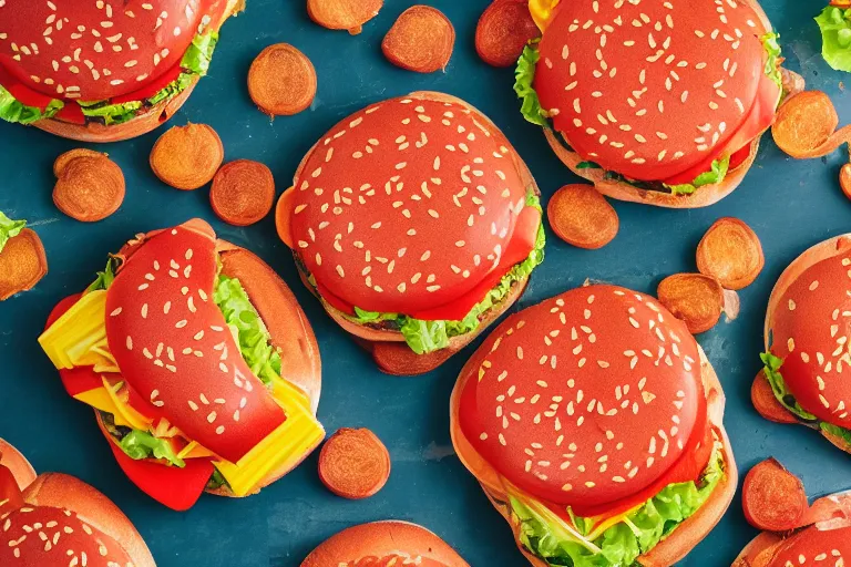 Image similar to product photography of delicious stunning greasy kaleidoscopic burger
