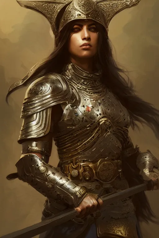 Prompt: portrait, a strong looking female persian warrior, very detailed, medieval iranian city, ornate, ross tran, ruan jia, tom bagshaw, greg rutkowski, 1 6 k, headroom, warm, character illustration