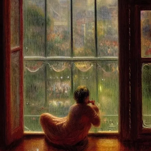 Prompt: on a rainy day, someone in home sits in bed, curled up under the covers, watching the rain outside the window, cinematic, artstation, extremely detailed, intricate, cinematic lighting, art by pierre - auguste renoir, arie johannes lamme