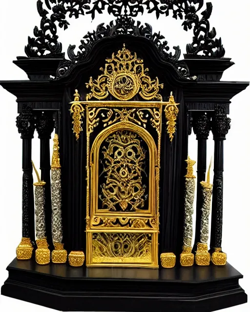Image similar to royal ornate black ebony altar of realistic detailed owl sanctuary stronghold fortress with golden filigree carved out of ivory