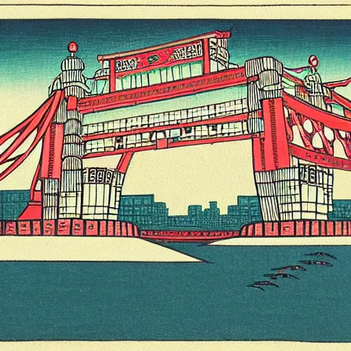 Image similar to “ tower bridge in london city in the style of a woodblock print by the japanese ukiyo - e artist hokusai ”