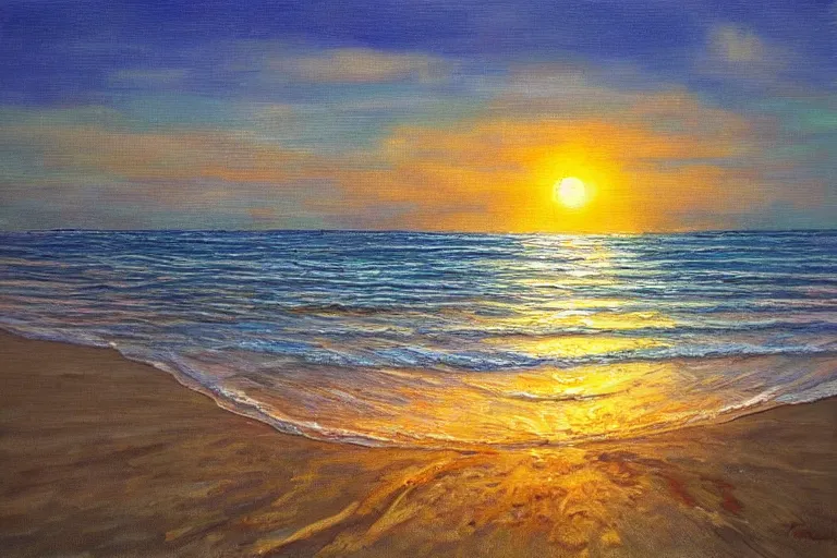 Prompt: The sun emerges out of the sea as seen from a beach, landscape art, painting, sci-fi