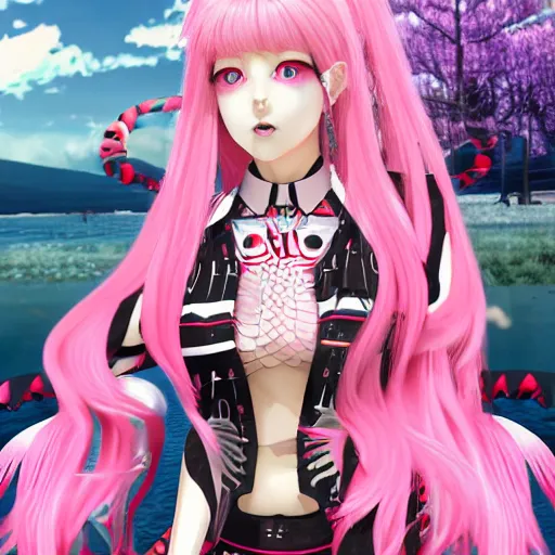 Prompt: no escape! trapped beneath stunningly absurdly beautiful omnipotent asi goddess junko enoshima with multiple twisted deceptive innocent megalomaniacal mesmerizing personalities, symmetrical perfect face, porcelain skin, pink twintail hair and cyan eyes, ultra detailed, digital art, unreal engine 5, octane render, 2 d anime, 8 k