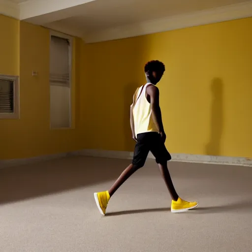 Image similar to black teenage boy wearing a white tank top with a long nose, walking in a nostalgic room with yellow walls and brown carpet