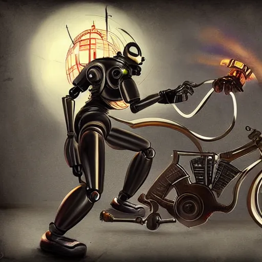 Prompt: digital painting, bioshock style, cyborg robot cat with gun sitting on the bike, realistic, hyperdetailed, concept art