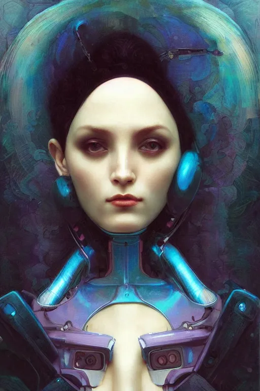 Image similar to portrait of raven, perfect future, iridescent color palette, by wlop and karol bak and bouguereau, 1 9 7 0 s retro future robot android. muted colors