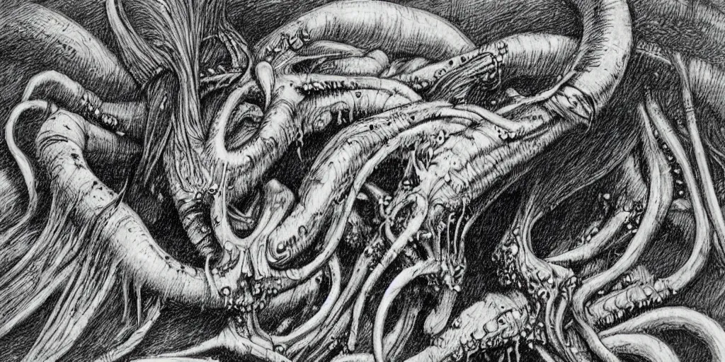 Prompt: pencil etching of an eldritch horrifying squid, masses of tentacles, dark fantasy horror, highly highly detailed