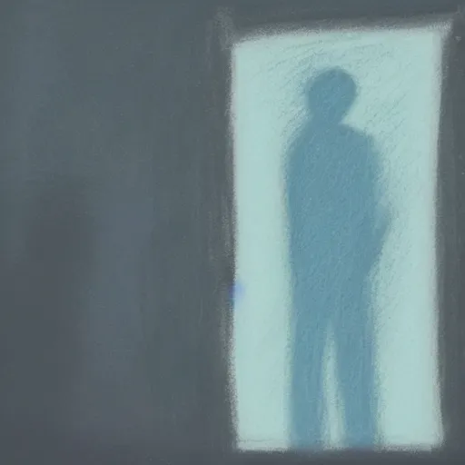 Image similar to a pastel painting of a silhouette person standing at the door of a dark room